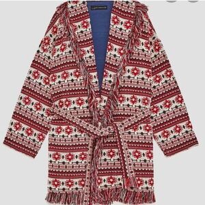 Zara M sweater cardigan, red, white Aztec, belt, fringe, western